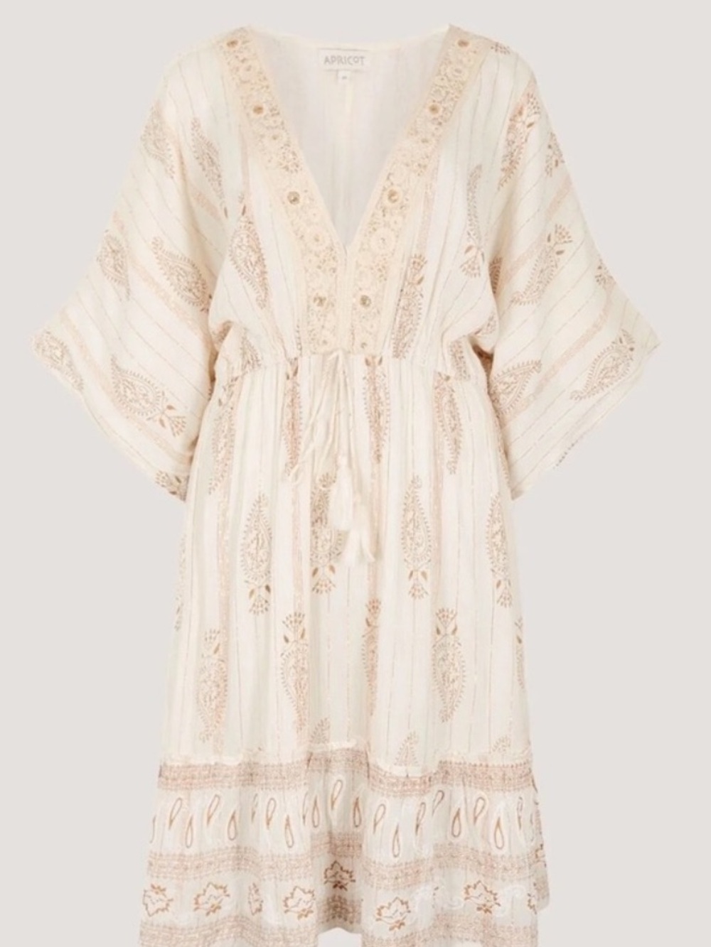 Sz M Apricot Cream Gold Foil Tassel Embroidered Sequin V-Neck Boho Midi Dress - Picture 7 of 10
